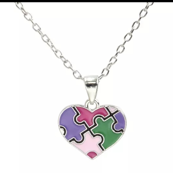 New Autism Awareness Necklace Heart Puzzle Piece Charm Silver Chain Pink - Picture 7 of 9